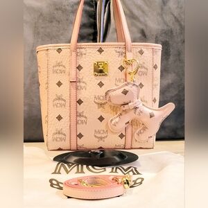 NWOT MCM Pink Logo Mini Tote with Dog Charm Keychain